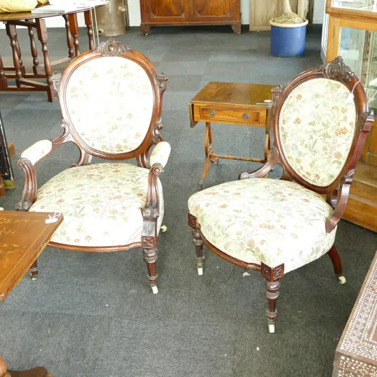 VICTORIAN GRANDFATHER AND GRANDMOTHER CHAIRS