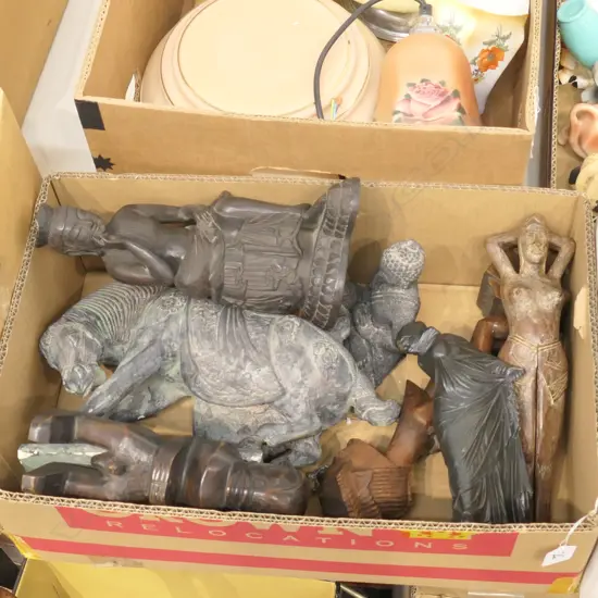 BOX LOT WOODEN AND PLASTER ITEMS INCL. HORSE, BUDDHA, NUTCRACKER ETC