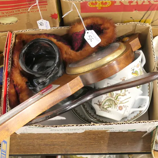 BOX LOT WHITEFRIARS? VASE, MIRROR, TRIOS, FUR, BAROMETER