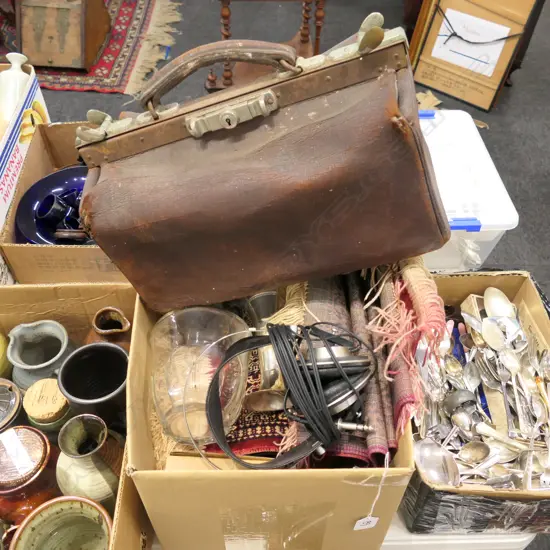 BOX LOT FISHING FLIES, VINTAGE LEATHER DOCTORS BAG, PIONEER HEADPHONES ETC