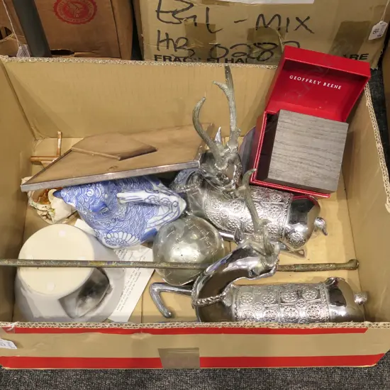 BOX LOT ASST. ITEMS INCL. 2 DEER, QUAIL JUG, METAL APPLE ETC