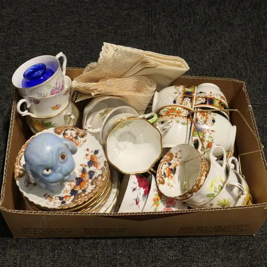 BOX LOT ASST. CUPS AND SAUCERS, TRIOS ETC