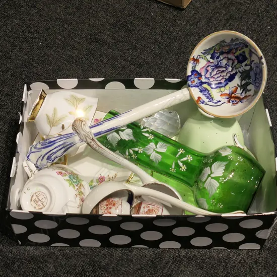 BOX LOT 3 TRIOS, 3 VICTORIAN LADLES, VASE, OWL ETC