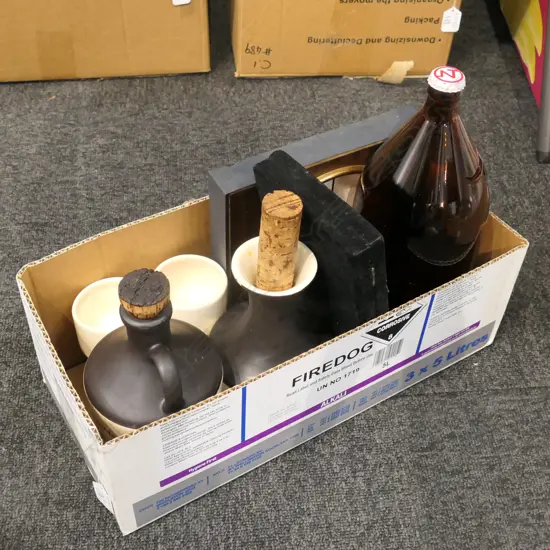 BOX BOTTLES, DECANTERS, CLOCK, SCISSOR SET 