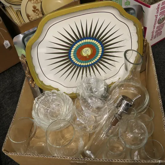 BOX GLASSWARE, DECANTER + MULITPE TRAYS 