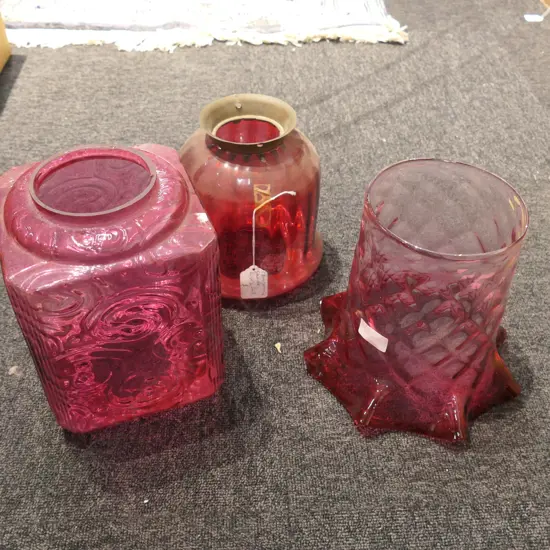 THREE ANTIQUE CRANBERRY LIGHT SHADES