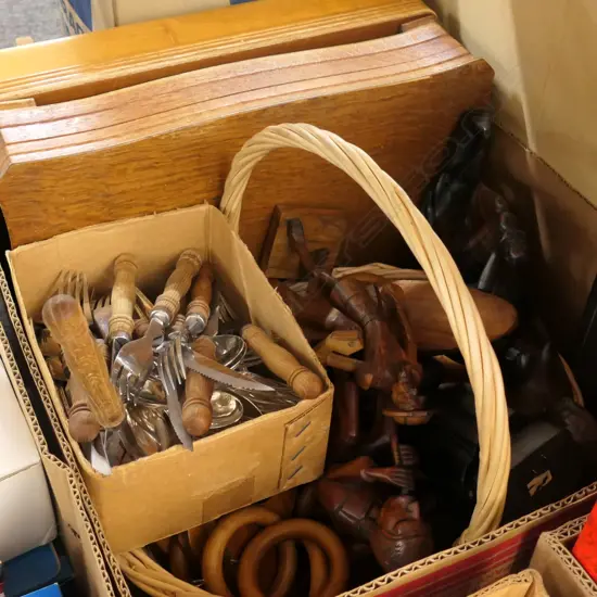 BOX LOT WOODEN ITEMS; 2 CANTEENS, CUTLERY, FIGURES ETC
