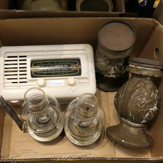 BOX LOT RADIO, KEROSENE LAMP ETC