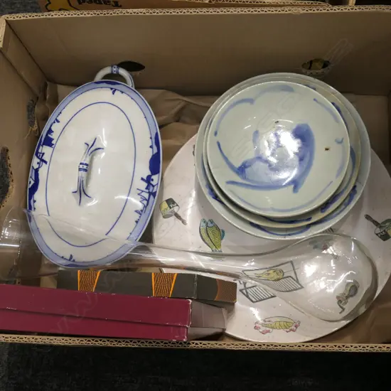 LOT ASSTD CHINA & EP CUTLERY INCL HAND PAINTED CHINESE FISH DISHES