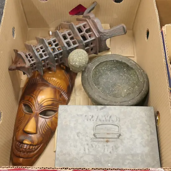 LOT ASSTD INLC CAST IRON GARDEN ORNAMENT, MORTAR & PESTLE, WOODEN MASK ETC