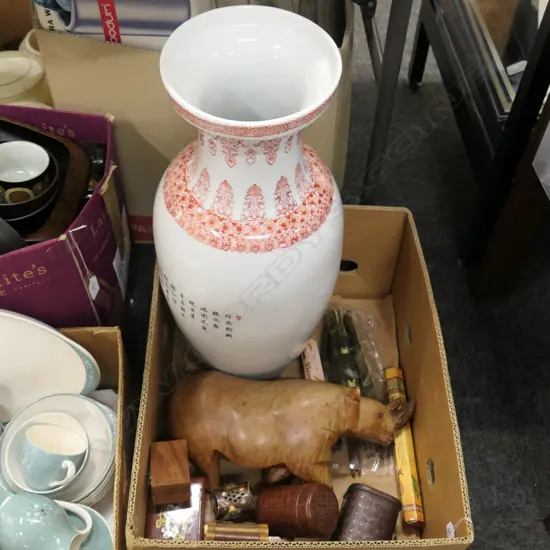 BOX LOT LARGE ASIAN VASE, RHINO, BOXES ETC