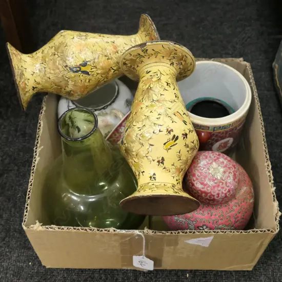 COLLECTION OF CHINESE PORCELAIN, PERSIAN LACQUER VASES & GLASS VASE