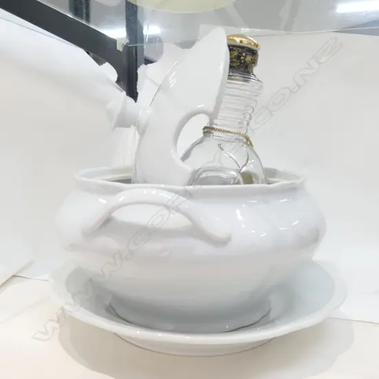 LGE LIDDED WHITE TUREEN ON DISH  + MUSICAL BOTTLE