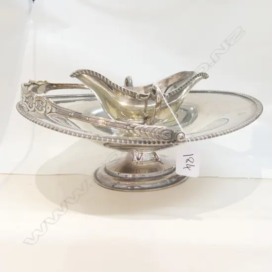 SILVER PLATED BASKET AND GRAVY BOAT, ENGRAVED w JAPANESE NAVAL INSIGNIA 