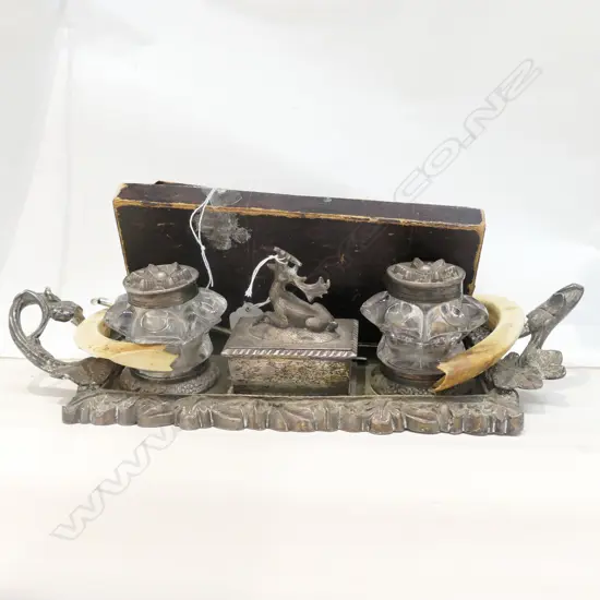 SILVER PLATED INKSTAND, 2 BOAR'S TUSKS & BOXED PR UNUSUAL SILVER PLATED CHEESE SPADES