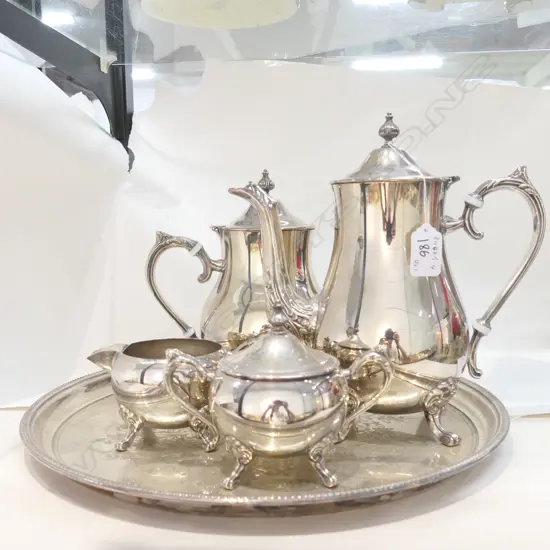 SILVER PLATED 4 PIECE TEA SET ON CIRCULAR TRAY