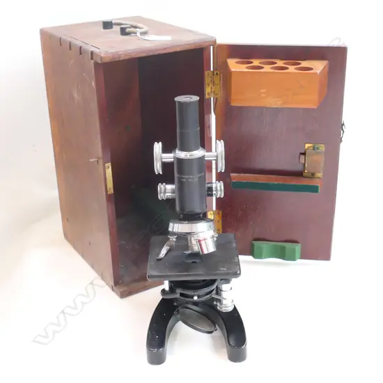CASED MICROSCOPE BY COOKE, TROUGHTON AND SIMMS LTD YORK ENGLAND 360MM H