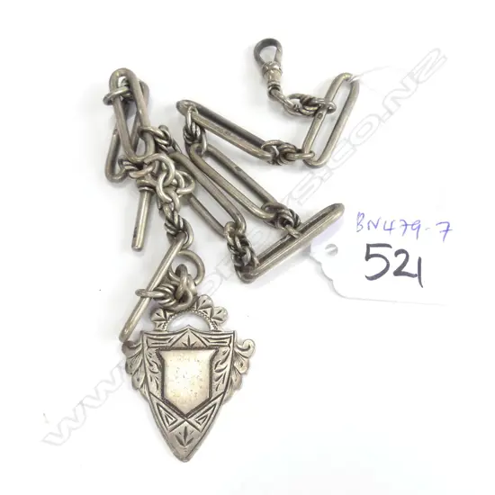 SILVER FOB WATCH CHAIN WITH SHIELD FOB