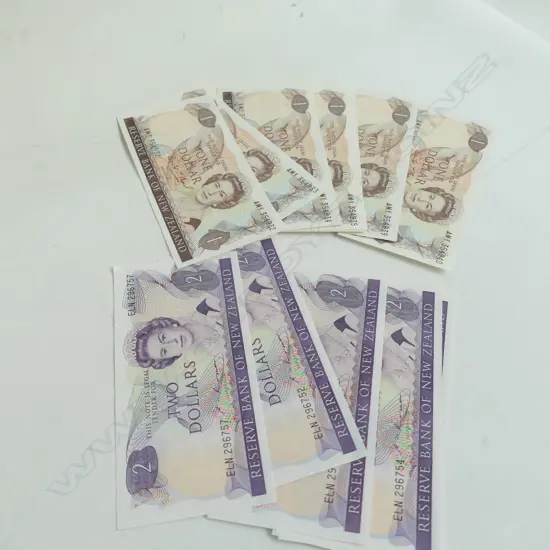 CONSECUTIVE SER NUMBERED NZ BANKNOTES, 9 x $1, 6 x $2