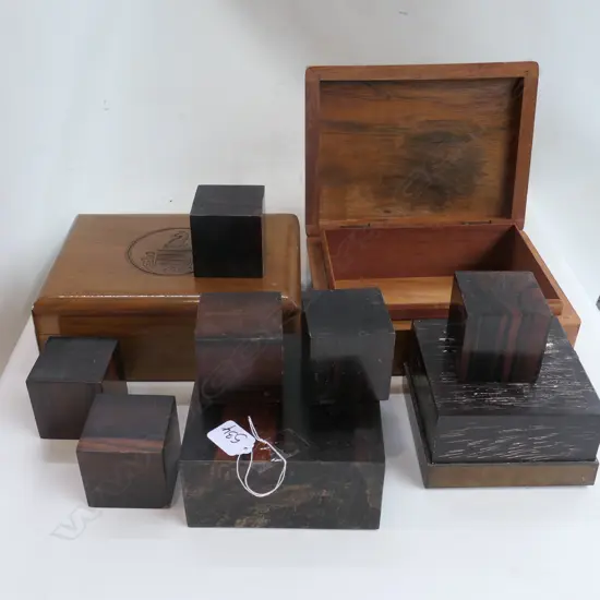 2 BOXES AND VARIOUS WOODEN DISPLAY PLINTHS