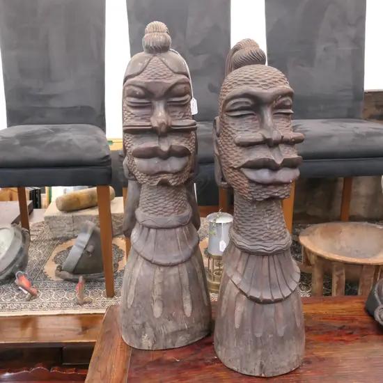 PAIR OF CARVED WOODEN TRIBAL FACES MALE AND FEMALE 700MM H