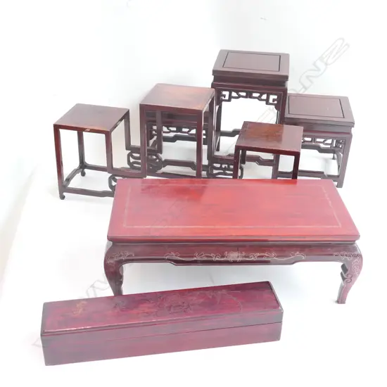 3 ORIENTAL DISPLAY STANDS AND CASE