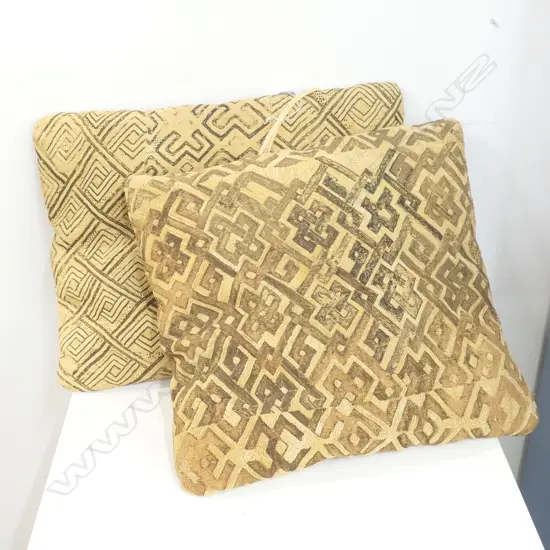 PAIR CONGOLESE KUBA CLOTH CUSHIONS VELVET BACKS