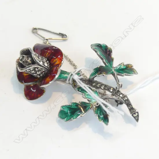 SILVER MARCASITE ENAMEL ROSE BROOCH