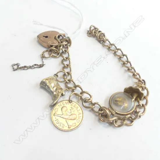 OLD GOLD PLATE CHARM BRACELET 9CT PADLOCK CLASP