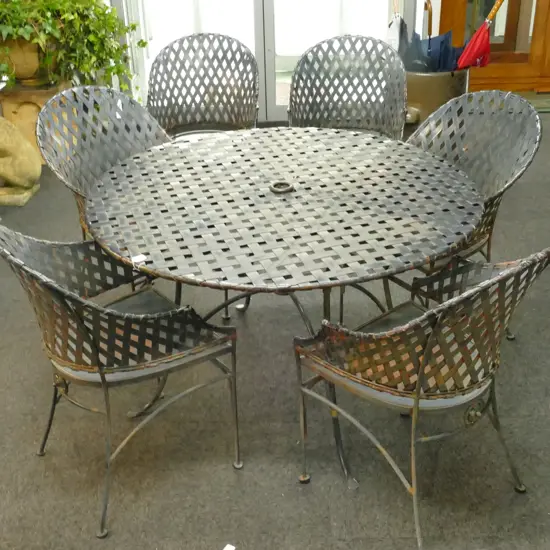 IRON LATTICE OUTDOOR TABLE 1200MM DIA AND SIX CHAIRS