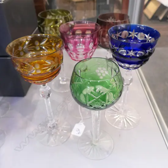 6 HARLEQUIN BOHEMIA COLOURED CUT CRYSTAL STEMMED GLASSES