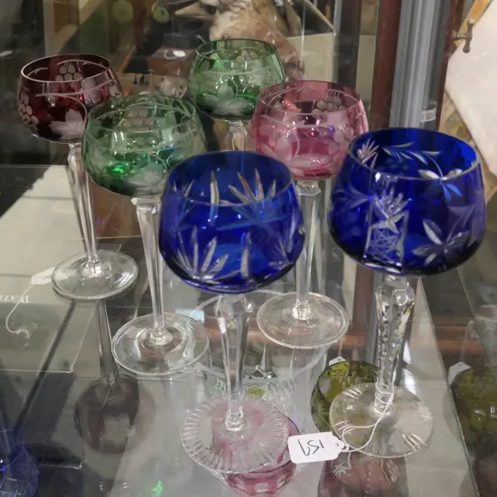 6 HARLEQUIN BOHEMIA COLOURED CUT CRYSTAL STEMMED GLASSES