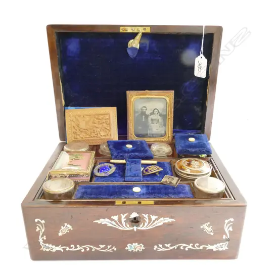 VICTORIAN ROSEWOOD DRESSING CASE w BOTTLES, JARS, ETC