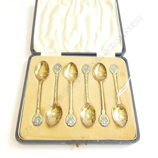 BIRMINGHAM SILVER & ENAMEL COFFEE SPOON CASED SET