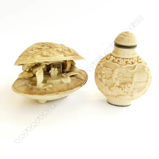 FAUX IVORY SNUFF BOTTLE AND CARVED SHELL SCENE