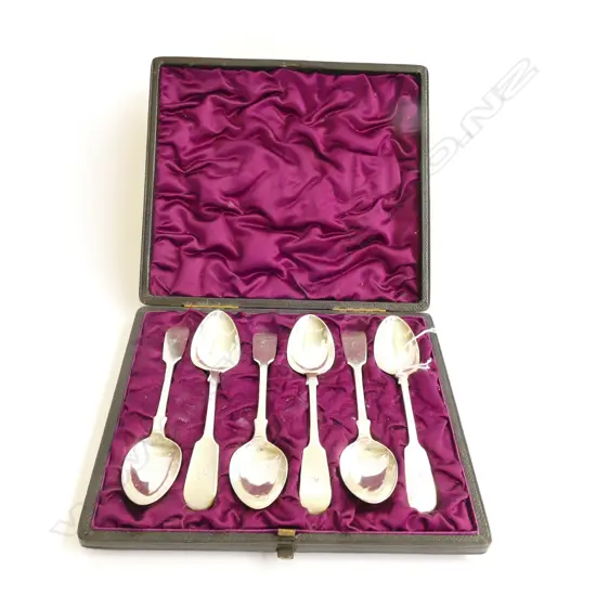 STG. SIL. SET OF 6 FIDDLE PATTERN TEASPOONS IN BOX LONDON 1899