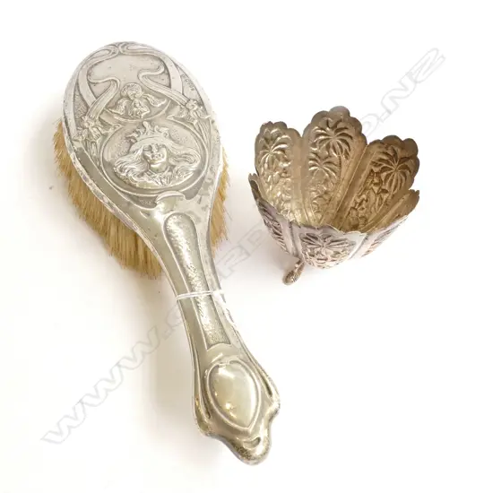 STG SILVER ART NOUVEAU HAIRBRUSH AND ASIAN SILVER DISH