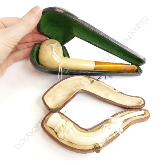 ANTIQUE MEERSCHAUM PIPE W/ AMBER STEM + ANOTHER FLORAL