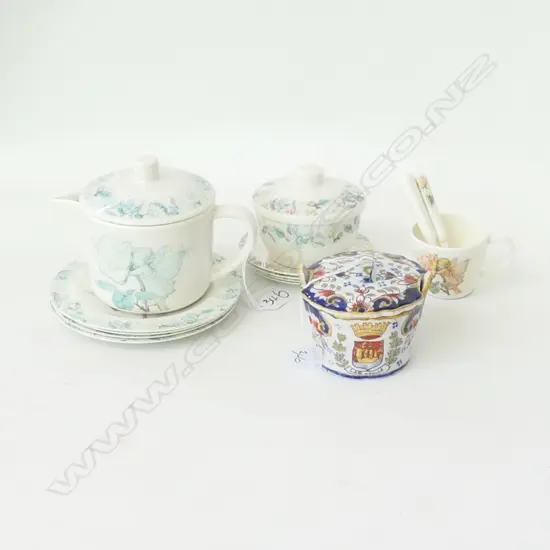 PART CHILDREN'S TEA SET, FAIRIES & FLOWERS + LIDDED CHINA POT W HANDLES