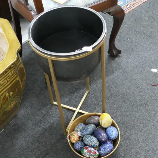 PLANT STAND, BOWL & ASST DECORATIVE EGGS