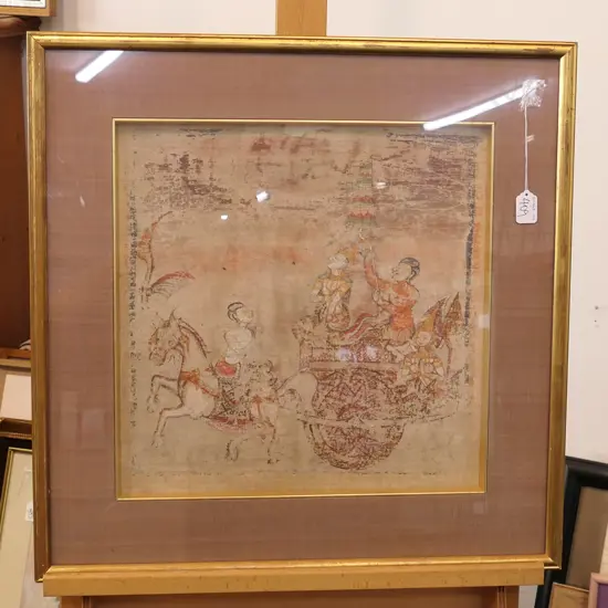 ANTIQUE HAND PAINTED FABRIC SECTION 410 X 410MM