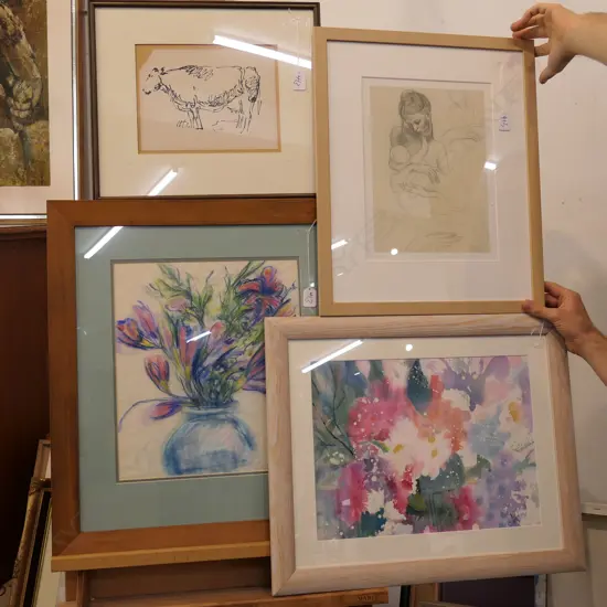 PICASSO PRINT/SKETCH OF COW/FLORAL W/C & A PASTEL