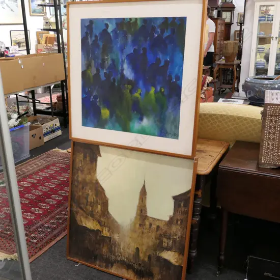 2 FRAMED ABSTRACT PAINTINGS - LANDSCAPE/FIGURATIVE LARGEST 780 X 780MM