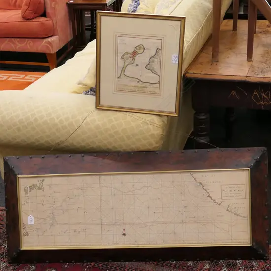 OLD PACIFIC OCEAN CHART (FRAME: 445 X 1050MM) + ANTIQUE H/C MAP MACAU PORT