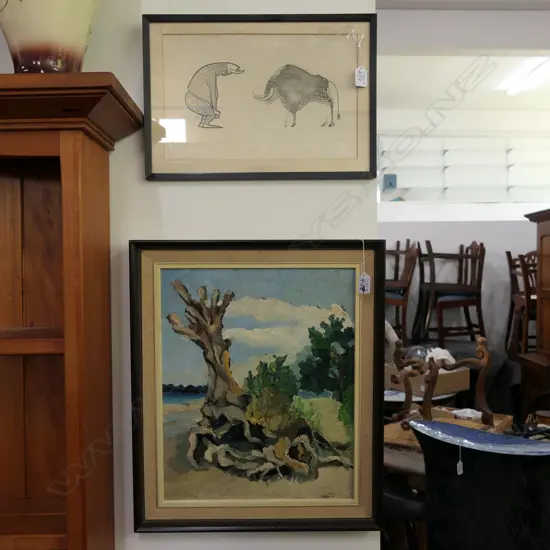 2 WORKS by DAVID KENNEDY, OIL, LANDSCAPE WITH TREE TRUNK. 415 x 340mm & INK DRAWING LOCKING HORNS