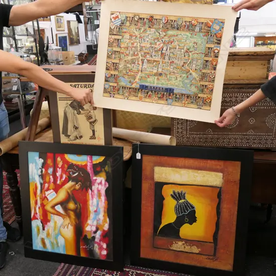 4 ARTWORKS; MAP OF OXFORD, 2 CONTEMPORARY ACRYLICS, SAT EVE POST PRINT 