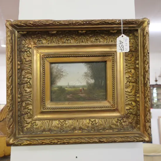 GILT FRAMED MINIATURE OIL ON BD, EUROPEAN LANDSCAPE