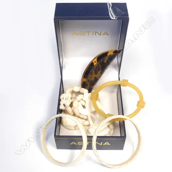 5 JEWELLERY ITEMS: 2 IVORY BANGLES, BONE NECKLACE ETC