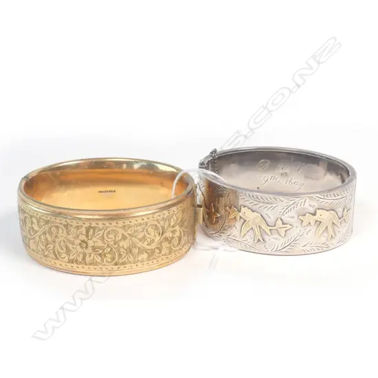 2 VINTAGE HINGED BANGLES SILVER & 'ROLLED GOLD'