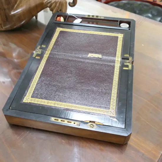 VICTORIAN WALNUT WRITING SLOPE w EBONY & IVORY INLAID LID